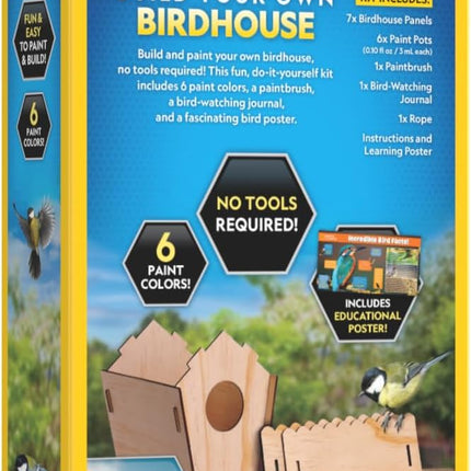 National Geographic Build Your Own Birdhouse Kit – DIY Wooden Birdhouse Craft with Paints, Brush, Bird-Watching Journal & Educational Poster for Kids, Bird House Craft