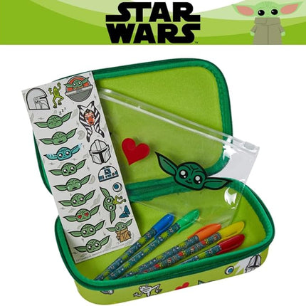 Innovative Designs Star Wars Baby Yoda Mandalorian Pencil Case Set with Stickers and Gel Pens for Kids, Molded with Zip Closure, Green