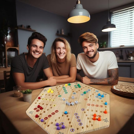 HOROW Wahoo Board Game 23.6 inch Wooden Original Board Game Classic 2 Side Painted Fast Track Game for 4 Player and 6 Player with 30 Marbles,6 Dices for Family Game Night(Extra Large)