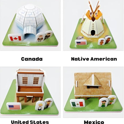 3D Puzzle Set - Traditional Houses Collection: Build 8 Country Models with Authentic Costumes, DIY Kit for Hobbyists, Creative Toy and Home Decor (America)