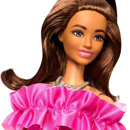 Barbie Fashionistas Doll #217 with Brown Wavy Hair Half-Up Half-Down & Pink Dress, 65th Anniversary Collectible Toy
