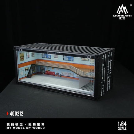 1:64 Scale Container Repair Shop Diorama with LED Lighting and Acrylic Cover – Model Car Garage for Hot Wheels, MiniGT, Matchbox – Workshop Display Case – 38.7x16.5x16.5 cm