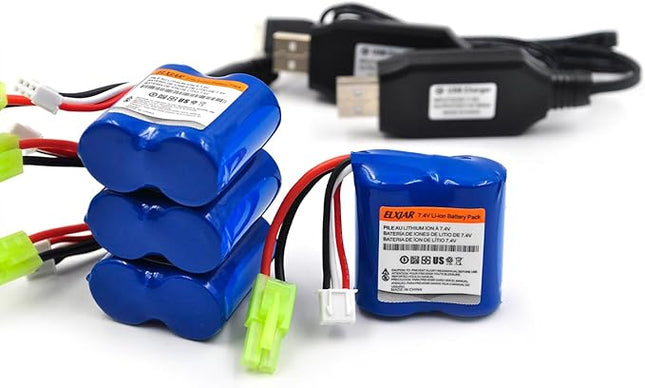 (4-Pack) 7.4V 600mAh Li-ion Battery with Mini Tamiya Plug Replacement for H102 H106 H108 H110 H112 H122 DEERC H121 TX121 RC Boats 2022 Version