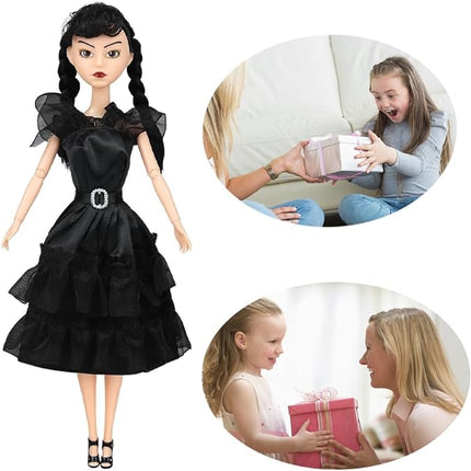 11.5'' Addams Doll with Gift Box, High Heels, Black Dress, and Hair, Perfect Christmas and Birthdays Toy Gift for Girls & Fans(A2)