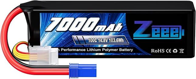 Zeee 4S Lipo Battery 7000mAh 14.8V 100C Soft Pack RC Battery EC5 Connector with Metal Plates for RC Car RC Truck RC Tank Racing Hobby