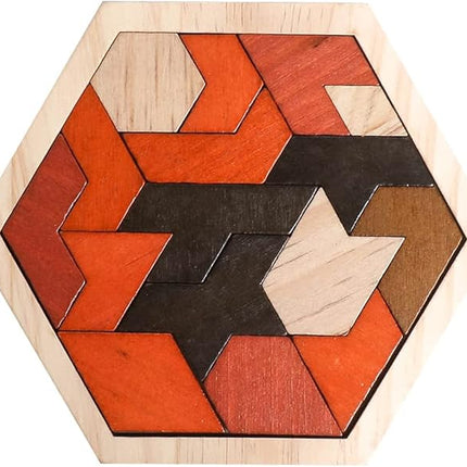 Skrtuan Wooden Puzzle Hexagon Tangram Puzzle for Kids Adults Brain Teasers Puzzles Game Challenge Toy Shape Pattern Block Tangram Family Portable Montessori Educational Gift for Kids Boys Girls