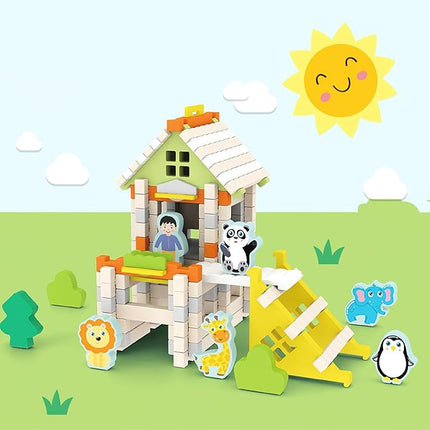 136PCS Wooden Building Blocks Set for Toddlers, Construction City Stacking Toys, Preschool Learning Educational Toys for Kids 3+ Years Girls and Boys (Zoo)