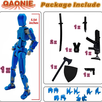 (Assembly Completed) 3D Printed Figure 5.54-inch Dummy13 with Weapon Expansion Set and Bracket, Full Body Mechanical Movable Toy, Desk Decoration. (Blue)