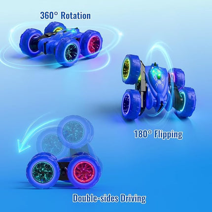 Rechargeable Remote Control car with Colorful Lights, Double Sided RC Stunt Car for Kids Fast USB-C Charging 360° Rotation 4WD Car Toys for Aged 3-12 Gift
