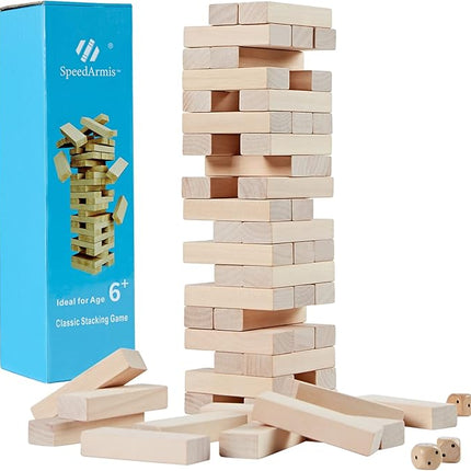SpeedArmis Mini Tumble Tower, 54PCS Wooden Stacking Game for Teens - Pine Stack Timber Board Games with 4 Dice Set - Classic ‌Xmas Gifts for Teens