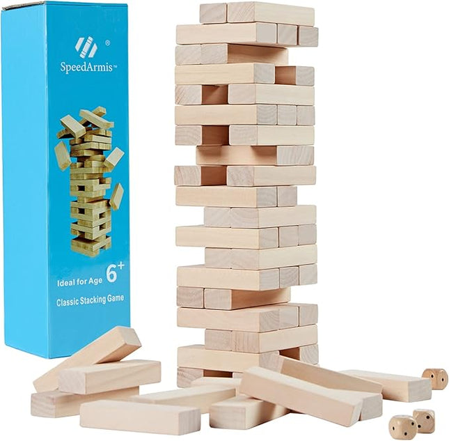 SpeedArmis Mini Tumble Tower, 54PCS Wooden Stacking Game for Teens - Pine Stack Timber Board Games with 4 Dice Set - Classic ‌Xmas Gifts for Teens
