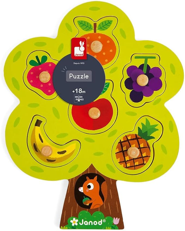 Janod 6Piece Fruit Tree Puzzle Themed Wooden Peg Colorful Jigsaw Puzzle - Encourages Shape Recognition, Dexterity, & Language Development - Preschool Kids & Toddlers 18 Months+