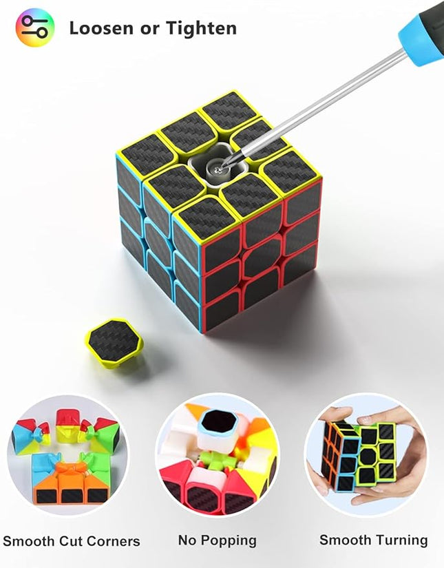 Vdealen Speed Cube Set, 2x2x2 3x3x3 Pyramid Magic Cube Set, Puzzle Cube Toys Birthday Party Christmas Stocking Stuffers Gift for Kids Teens Adults(Carbon Fiber Sticker)