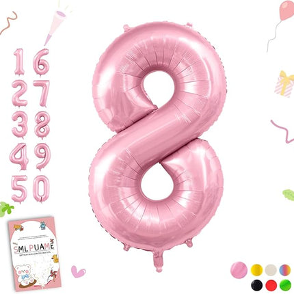 Smlpuame Pastel Pink 8 Balloons, 40 Inch Large Light Pink Foil Number Balloons 0-10, Self-Sealing 8th Birthday Balloon for Girls Women Anniversary Baby Shower Princess Party Decorations Supplies