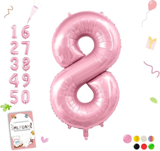 Smlpuame Pastel Pink 8 Balloons, 40 Inch Large Light Pink Foil Number Balloons 0-10, Self-Sealing 8th Birthday Balloon for Girls Women Anniversary Baby Shower Princess Party Decorations Supplies