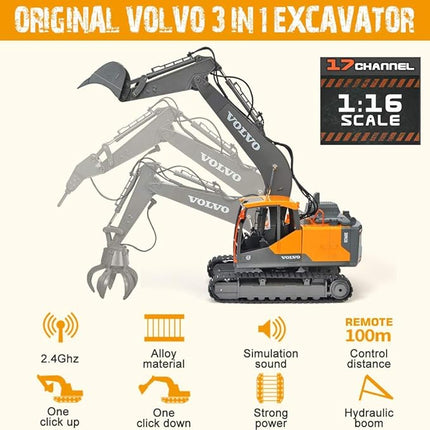 DOUBLE E Volvo RC Excavator 17 Channel 3 in 1 Construction Toys, 17 Channel Remote Control Vehicles Tractor Sandbox Toys Digger with Metal Shovel Drill Grab RC Truck for Kids Adults