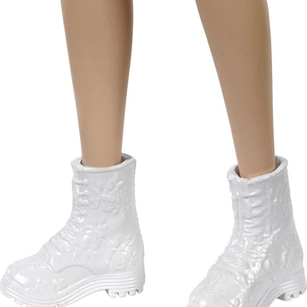 Barbie Fashionistas Doll #160 with Long Brunette Hair Wearing Patterned Orange Dress, White Shoes & Yellow Choker, Toy for Kids 3 to 8 Years Old