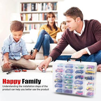 Toy Storage Organizer Case for Hot Wheels Car, for Matchbox Cars, for Mini Toys, for Small Dolls. Carrying Box Container Carrier with 24 Compartments (Box Only) (Transparent)