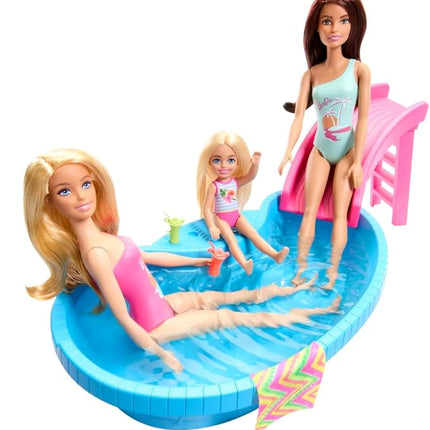Barbie Doll & Pool Playset, Blonde in Tropical Pink One-Piece Swimsuit with Pool, Slide, Towel & Drink Accessories