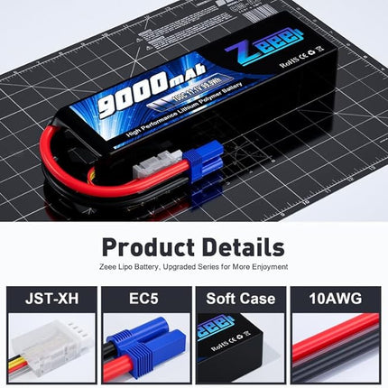 Zeee 3S 9000mAh Lipo Battery 11.1V 100C EC5 Connector with Metal Plates Soft Case RC Battery for RC Car Truck Tank Racing Hobby Models (2 Pack)
