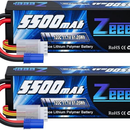 Zeee 3S Lipo Battery 5500mAh 11.1V 120C Hard Case RC Battery with EC5 Connector for RC Car 1/8 1/10 Scale Vehicles Tank Truck Boats Helicopter Racing Hobby (2 Pack)