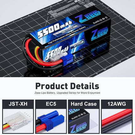 Zeee 3S Lipo Battery 5500mAh 11.1V 120C Hard Case RC Battery with EC5 Connector for RC Car 1/8 1/10 Scale Vehicles Tank Truck Boats Helicopter Racing Hobby (2 Pack)