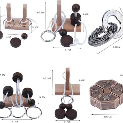 Wooden and Metal 3D Unlock Interlock Assorted Brain Teasers Puzzles，IQ Logic Training Family Game Party Favor Coffee Table Time Unlock Interlock Mind Puzzles Box（6Pcs）