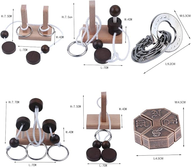 Wooden and Metal 3D Unlock Interlock Assorted Brain Teasers Puzzles，IQ Logic Training Family Game Party Favor Coffee Table Time Unlock Interlock Mind Puzzles Box（6Pcs）