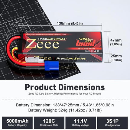Zeee Premium Series 3S Lipo Battery 5000mAh 11.1V LCG Hard Case Batttery Height 25mm 120C with EC5 Connector for RC Car Truck Tank Racing Hobby (2 Pack)