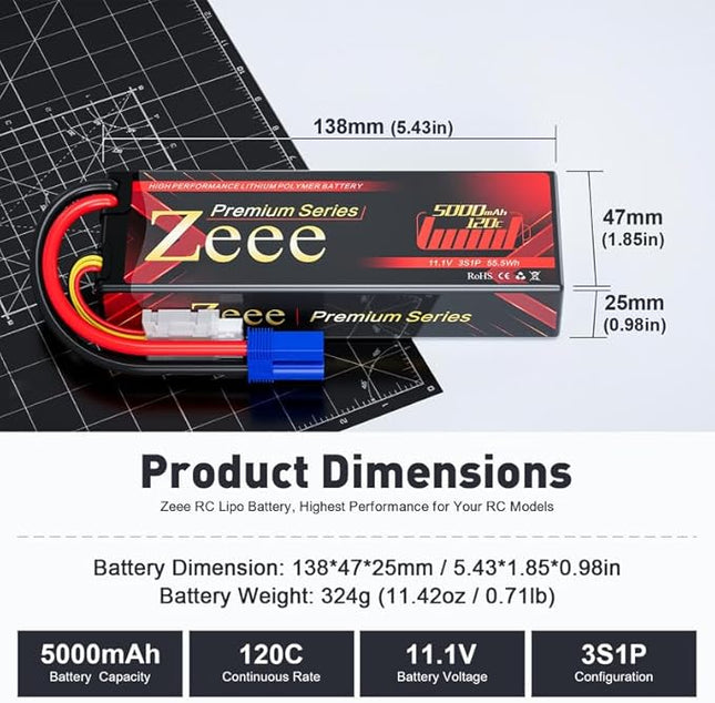 Zeee Premium Series 3S Lipo Battery 5000mAh 11.1V LCG Hard Case Batttery Height 25mm 120C with EC5 Connector for RC Car Truck Tank Racing Hobby (2 Pack)