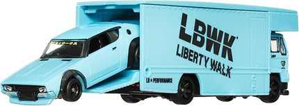Hot Wheels Premium Car Team Transport Set, LBWK Liberty Walk Nissan Skyline 2000GT-R, Fleet Flyer #69 Truck and Car, 1:64 Scale, Blue Model