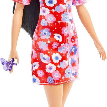 Barbie Fashionistas Doll #177 with Long Black Hair & Color Block Floral Dress & Accessories Including Strappy Purple Heels & Butterfly Ring