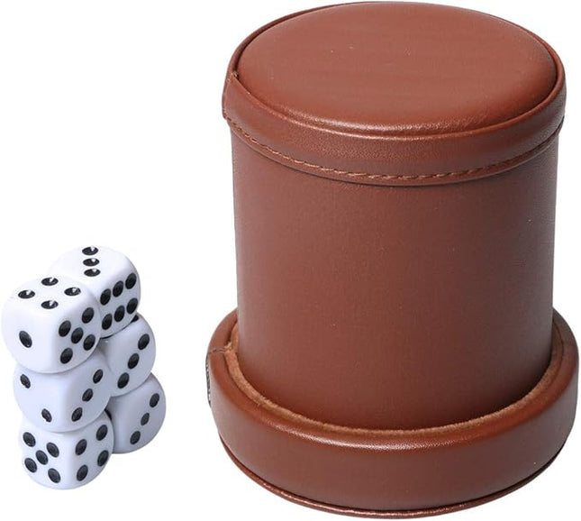 RERIVER PU Leather Dice Cup Set with Lid Dark Brown Felt Lining Quiet Shaker Cup Includes 6 Dot Dice for Liars Dice Farkle Yahtzee Board Games, 1 Pack