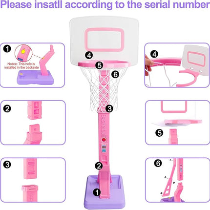 Toddler Girl Basketball Hoop Indoor Pink Adjustable Mini Basketball Goal with Ball Pump for Outdoor Poolside Toys Backyard Game Outside Basketball Toy for Kids Age 1-3 3-5 6 7 4-8 Birthday Gift