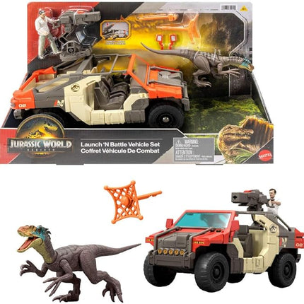 Mattel Jurassic World Rebirth Vehicle with 1 Human & 1 Dinosaur Figure, Launch ‘N Battle Truck, Martin Krebs Figure & Raptor, Turret & 2 Projectiles