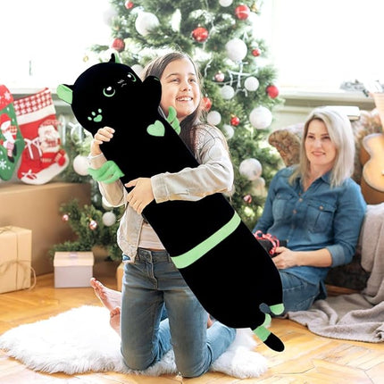Long Plush Toy Cat Pillow Cute Plush Cat Toy Doll Stuffed Animal Cat Hugging Pillow for Sleeping Gift for Kids and Girls(Black&Green,90cm/35.4in)