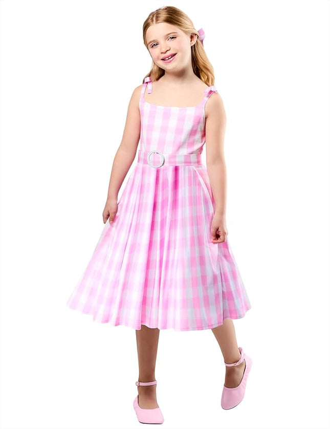 Rubies Barbie Perfect Day Cute Costume Dress in Pink from the Barbie Movie, with Belt and Hair Bow For Kids Girls