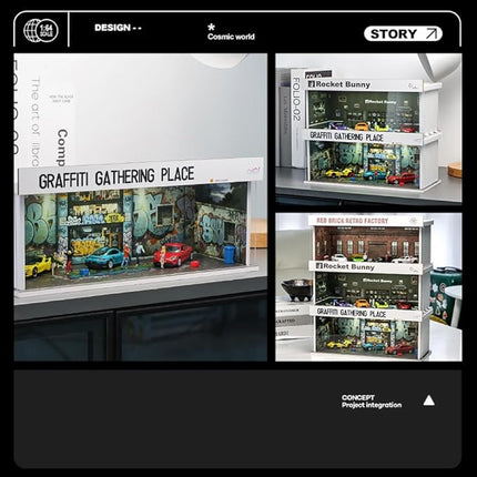 Display Case for Hot Wheels: Stackable Parking Garage for 1/64 Scale Matchbox Toy Car, FoamBoard Storage for Monster Trucks with LED Light and Acrylic Cover, 2025 Upgraded Rocket Bunny