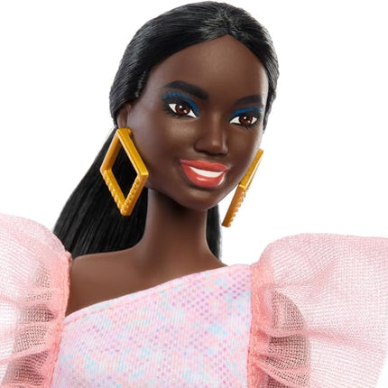 Barbie Fashionistas Doll #216 with Tall Body & Black Hair in Low Ponytail in Pink & Peach Party Dress, 65th Anniversary Collectible Toy