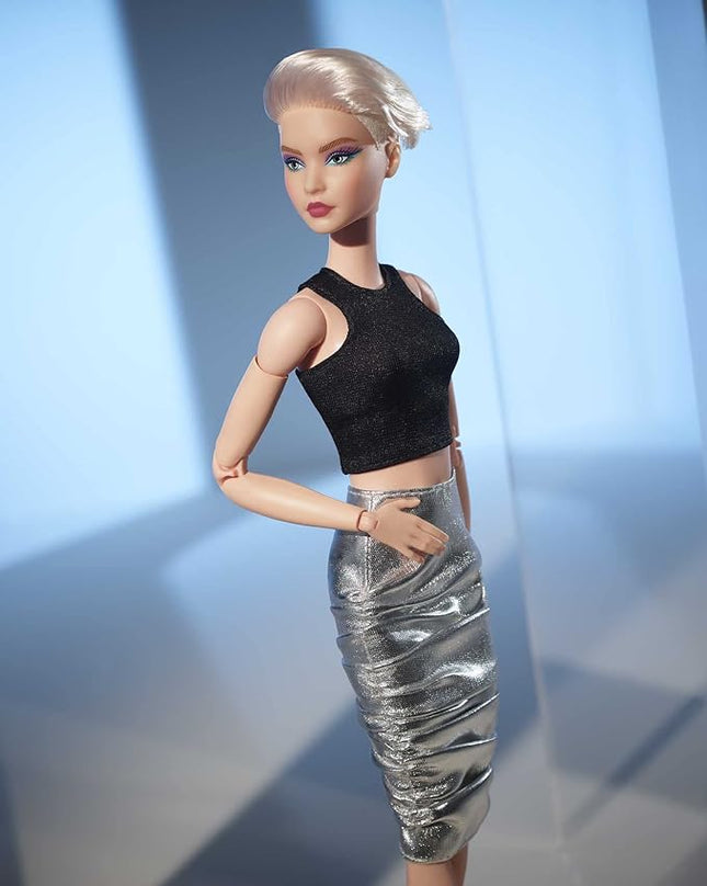 Barbie Signature Looks Doll (Original, Blonde Pixie Cut) Fully Posable Fashion Doll Wearing Black Crop Top & Metallic Skirt, Gift for Collectors