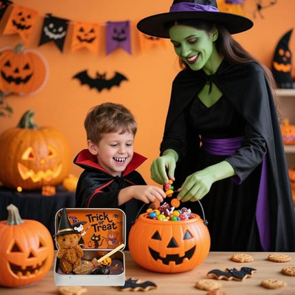 Halloween Bear in a Box for Trick or Treat, Miniature Witcher, Halloween Animal Pocket Hug Surprise Box, Cute Bear in Box with Pumpkin and cat Decorations (Pink)