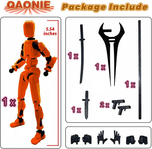 3D Printed 5.54-inch Multi-Jointed Action Figures Dummy13, Full Body Mechanical Movable Toy, Multiple Accessories, Hand Painted Figure, Desk Decoration, Creative Gifts (Orange)
