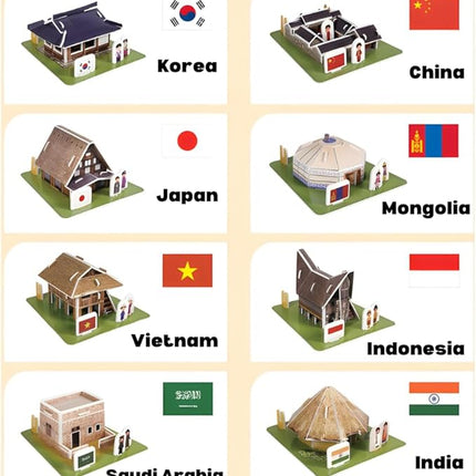 3D Puzzle Set - Traditional Houses Collection: Build 8 Country Models with Authentic Costumes, DIY Kit for Hobbyists, Creative Toy and Home Decor (Asia)
