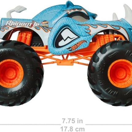 Hot Wheels Toy Monster Trucks Oversized Rhinomite 2024, 1:24 Scale Die-Cast, Blue, Orange, White