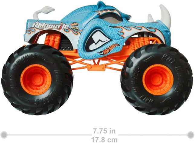 Hot Wheels Toy Monster Trucks Oversized Rhinomite 2024, 1:24 Scale Die-Cast, Blue, Orange, White