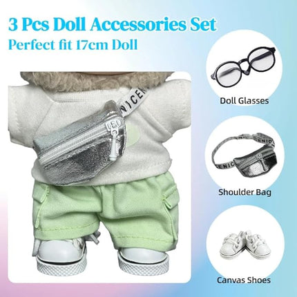 3pcs Doll Accessories Set Included Mini Glasses, Shoulder Bag and Canvas Shoes, Dress Up Accessories Replacement for 17cm Doll, Mini Costume Supplies for 6.7in Figures (Set of Sliver)