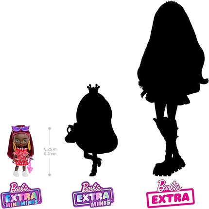 Barbie Extra Mini Minis Doll with Burgundy Hair, Red Ruffle Dress, Sunglasses & Accessories & Stand, 3.25-inch