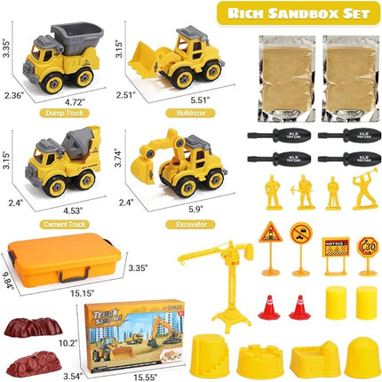 OENUX Play Sand Construction Set, Beach Building Castle Kit w/ 2.2lbs Play Sand, 4 Take Apart Construction Trucks Toys and Signs, Sensory Sandbox with Cover for Boy Girl Kid Toddlers Age 3-8