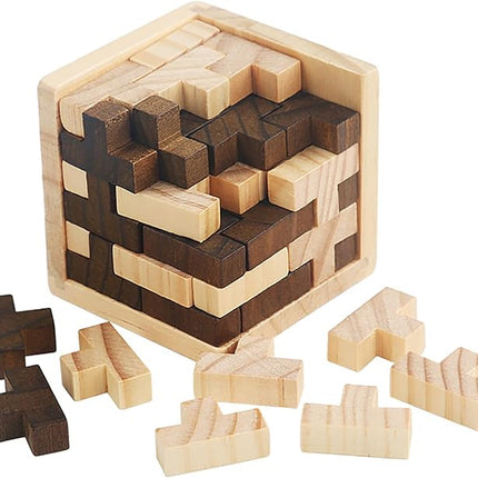 Wooden Brain Teaser Puzzle Cube Easter Basket Stuffers Wooden Puzzles T-Shaped Jigsaw Logic Puzzle Educational Toy for Kids and Adults by AHYUAN (Brown and Natural)