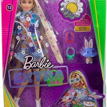 Barbie Extra Doll and Accessories with Extra-Long Blonde Hair Wearing Floral Outfit & Poncho with Pet Bunny